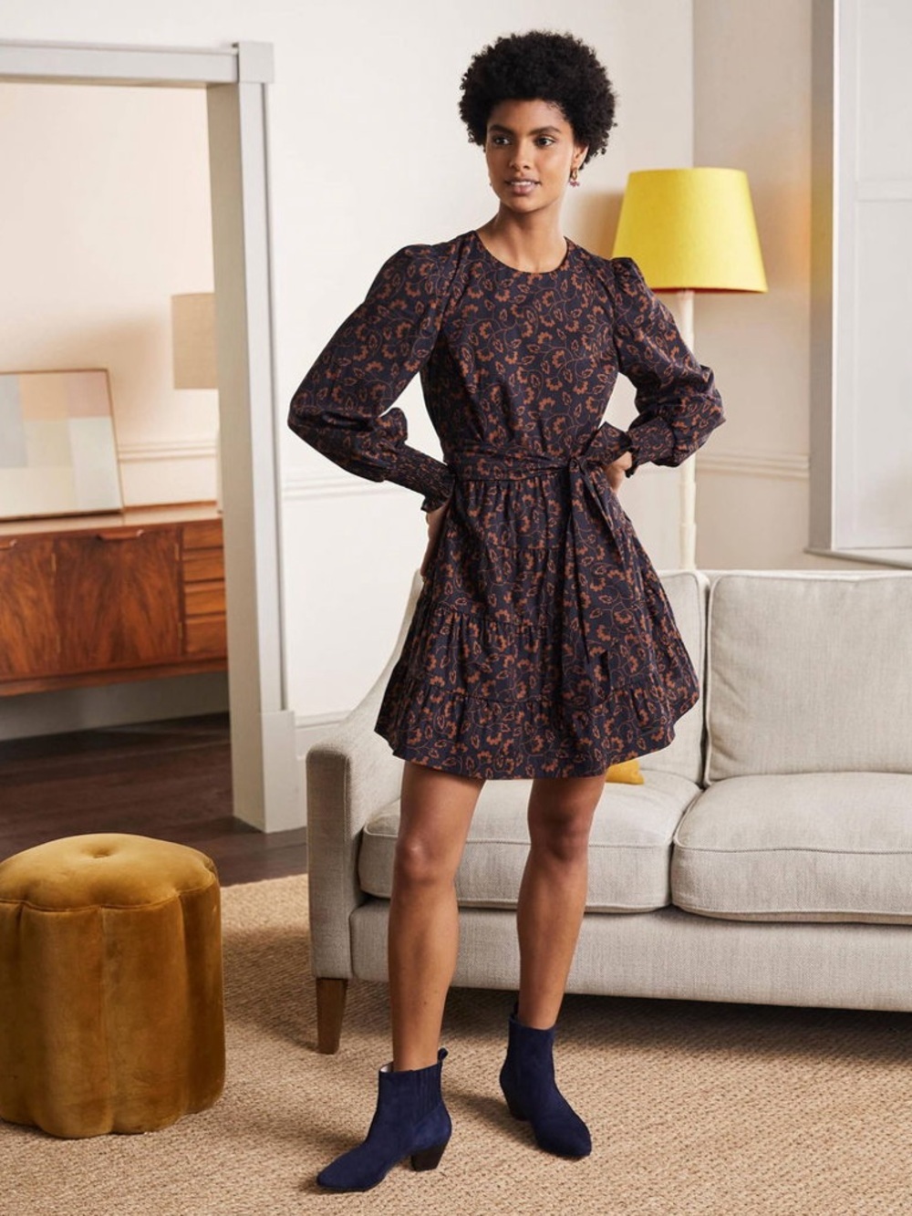 Boden Navy Brown Long Puff Sleeves Tiered Dress Smocked Floral Leaves Cotton 12R - Picture 6 of 12